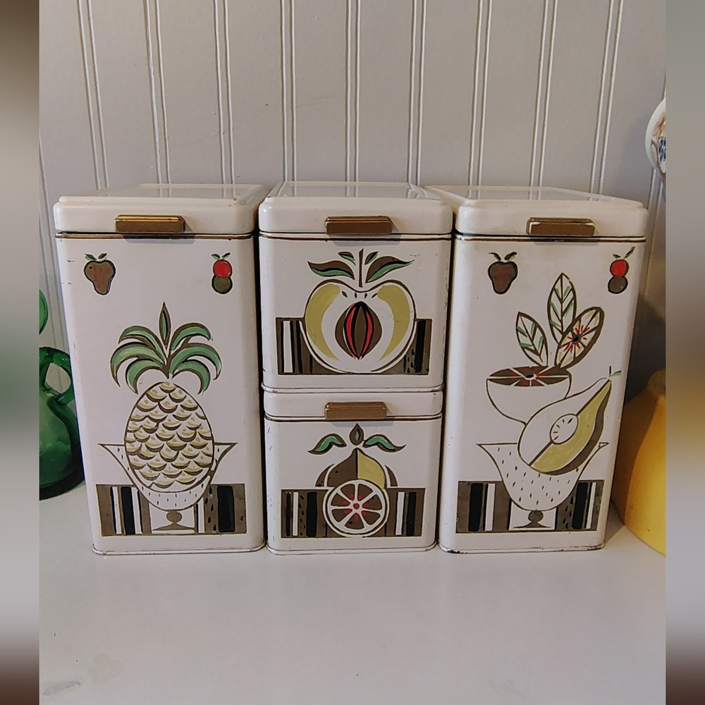 Vintage Fruit Design Metal Canister Set.Stackable Set For Space Saving